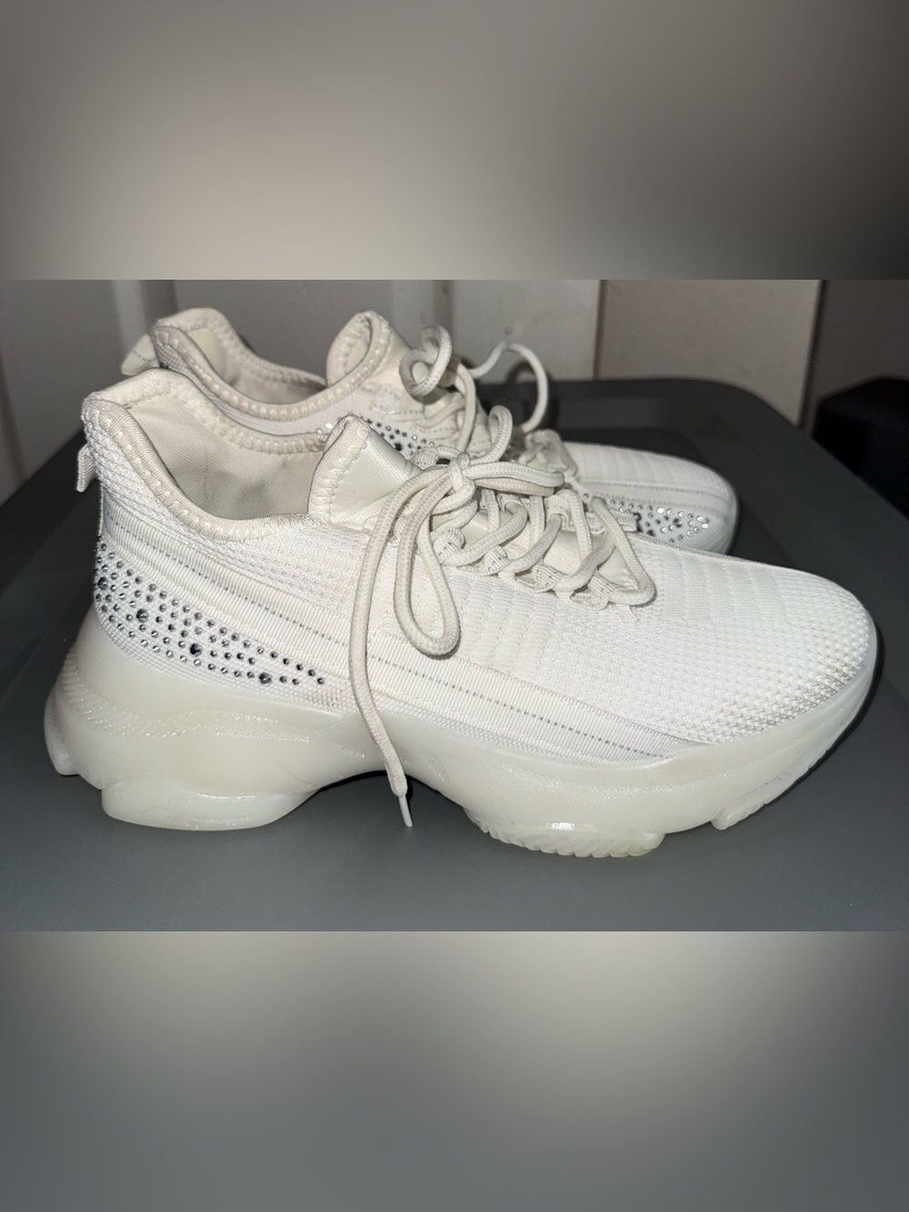La Sheelah Women's White Sneakers Size 7.5 Chunky Sole Lace Up with Rhinestones